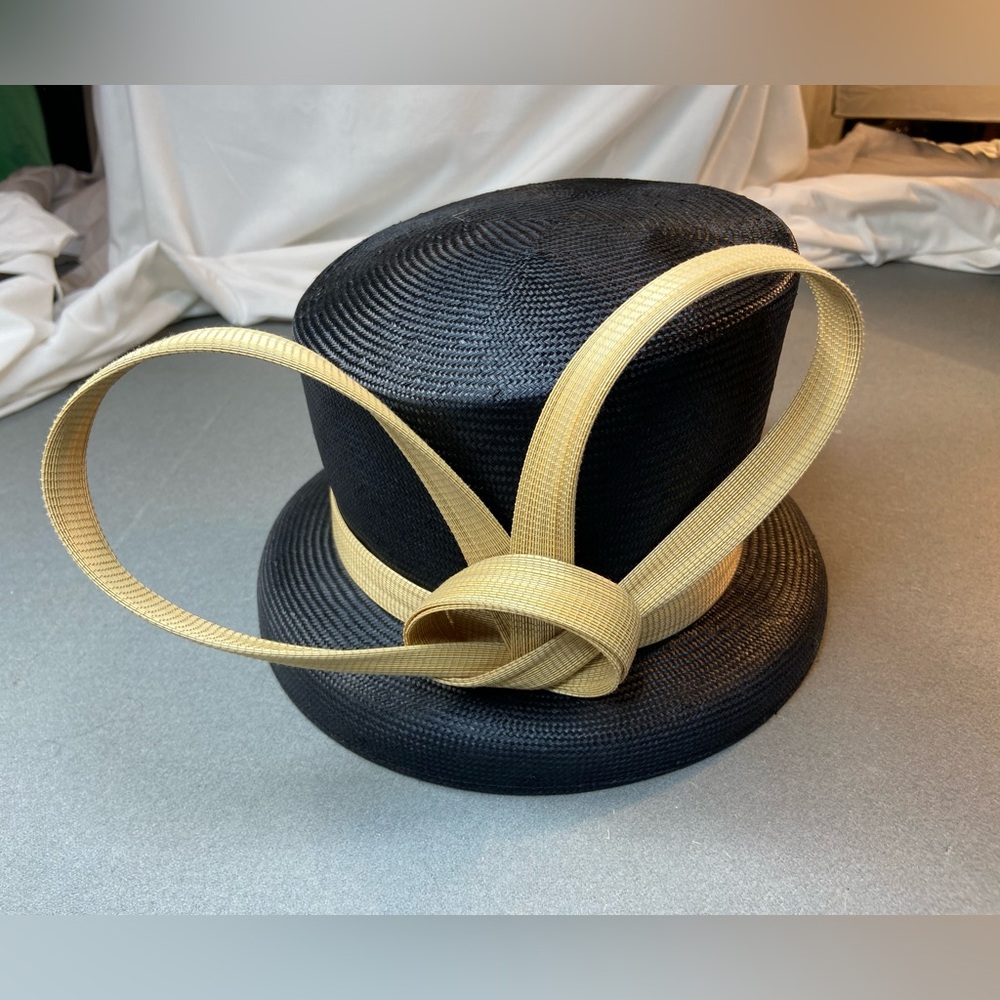 Philip Treacy London Asymmetrical‎ Navy Straw Hat with Sculptural Bow